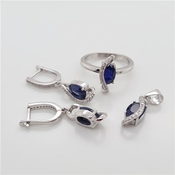 BZ337-46 SILVER SAPPHIRE RING EARRING PENDANT  SET