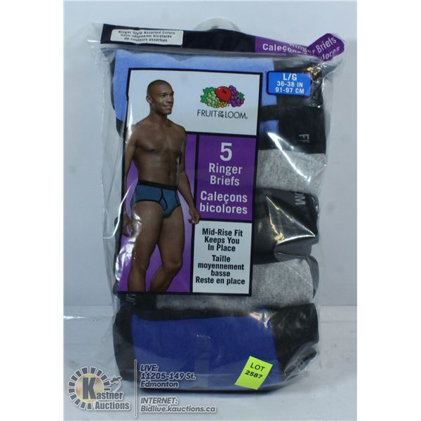 NEW FRUIT OF THE LOOM 5 RINGER BRIEFS SIZE LG.
