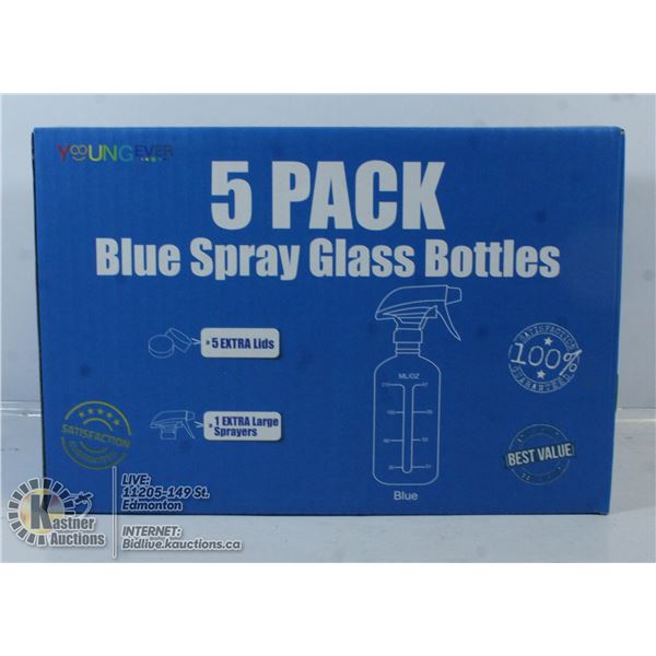 5 PACK BLUE SPRAY GLASS BOTTLES.