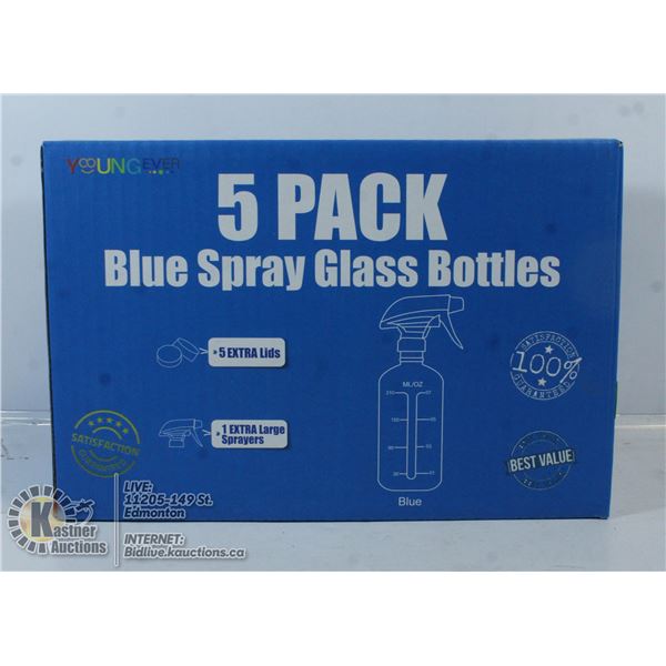 5 PACK BLUE SPRAY GLASS BOTTLES.