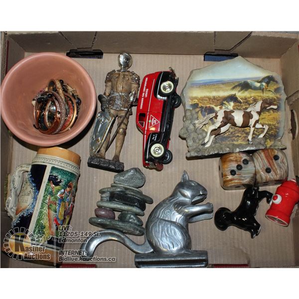 LOT OF MISC INCLUDING STEIN, JEWELLERY AND DECOR.