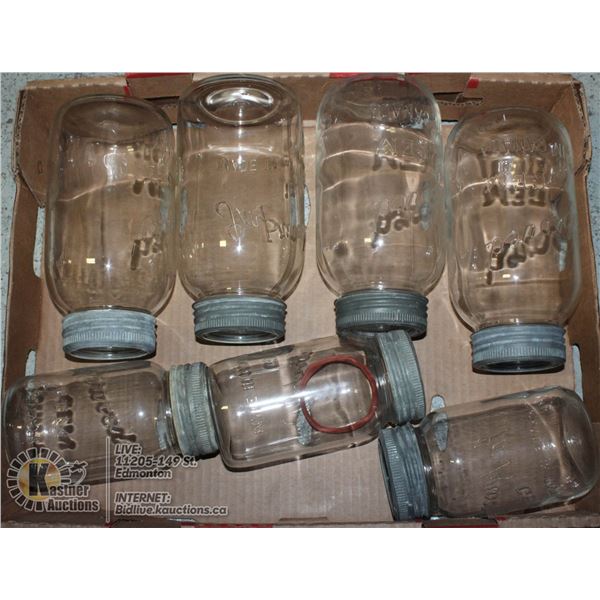 FLAT OF ASSORTED SIZED MASON JARS.