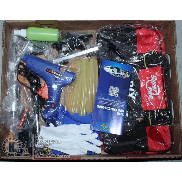 FLAT OF MISC INCLUDING HOT GLUE GUN AND MORE