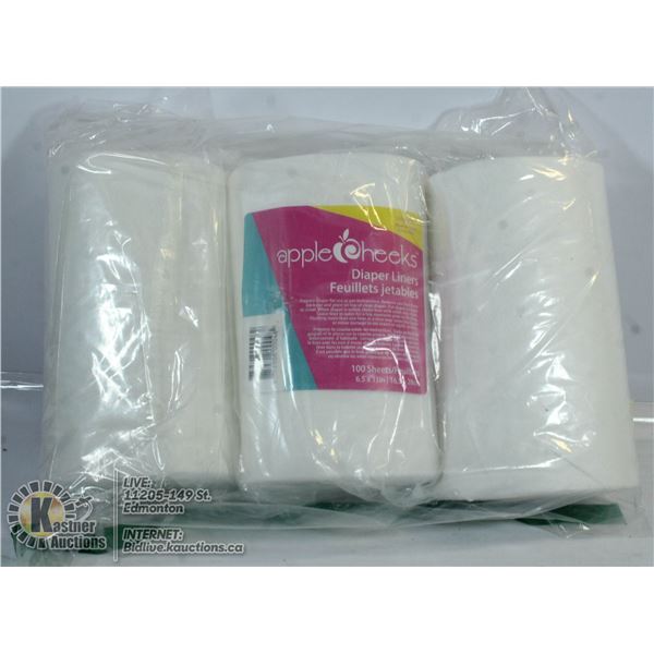 LOT OF THREE APPLE CHEEKS DIAPER LINERS 100 PER PK