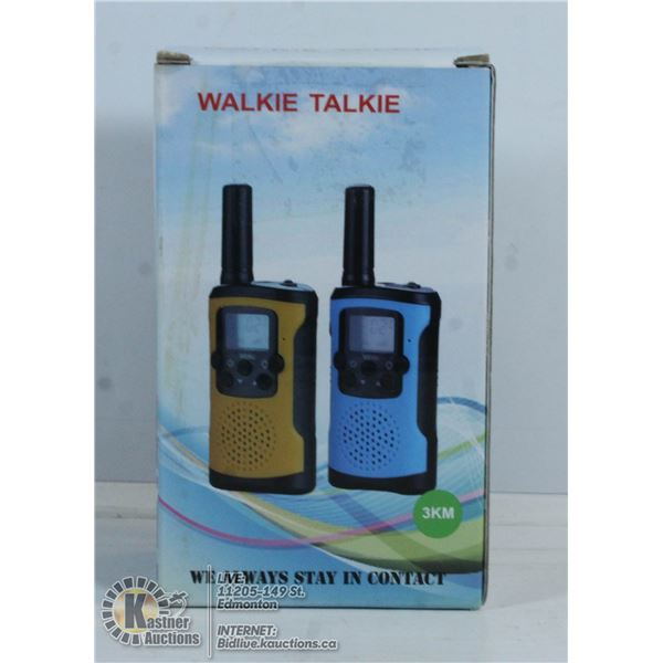 PAIR OF WALKIE TALKIES WITH 3KM RANGE.