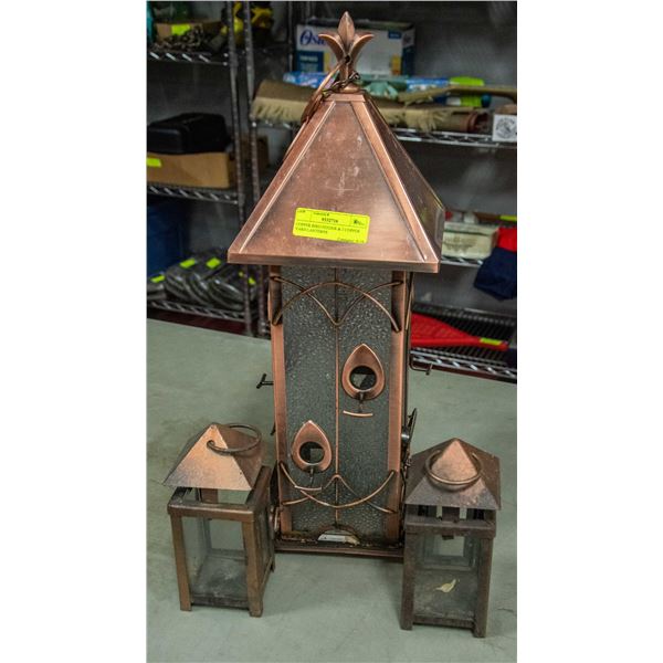COPPER BIRD FEEDER & 2 COPPER YARD LANTERNS