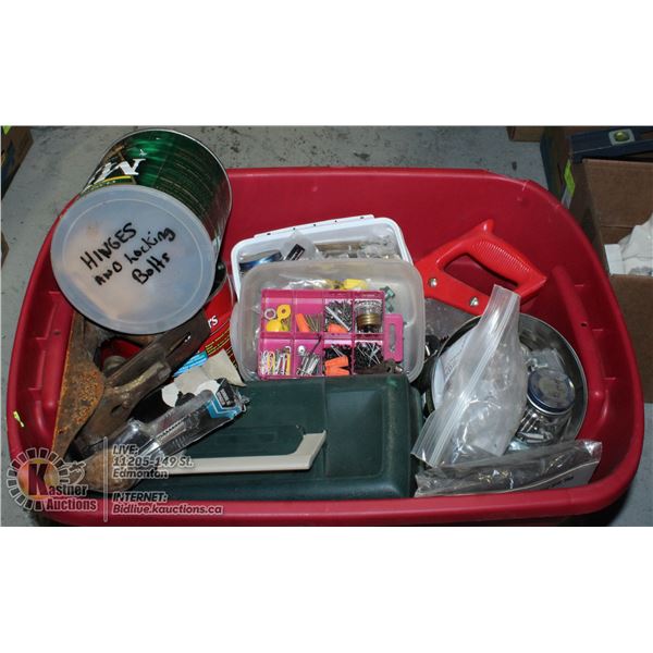 LARGE TOTE OF TOOLS,FASTENERS,HINGES ,ETC