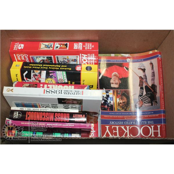 BOX OF VINTAGE HARDCOVER BASEBALL,  HOCKEY