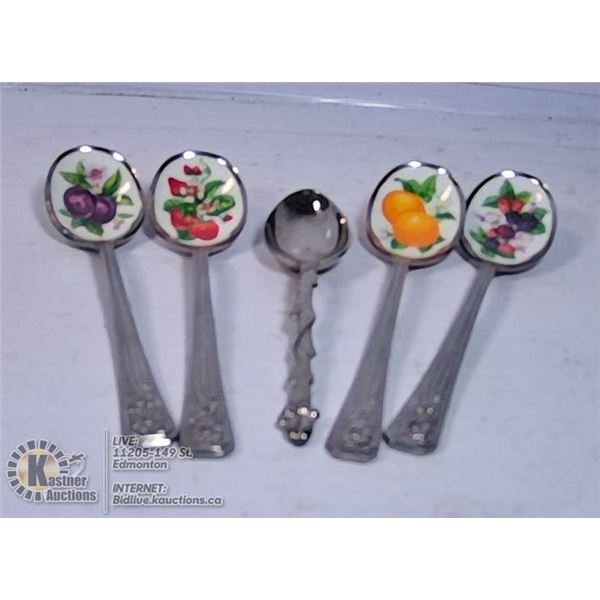 LOT OF 5 DECORATIVE SPOONS WITH FRUIT INLAY