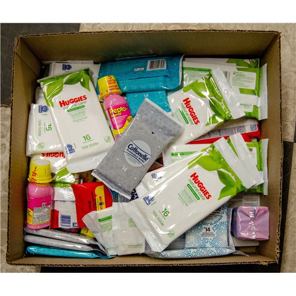 FLAT LOT OF PEPTO BISMOL BOTTLES AND HYGIENIC WIPE