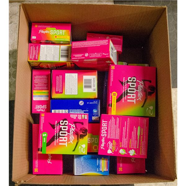 BOX LOT OF FEMININE HYGIENE PRODUCTS