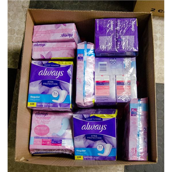BOX LOT OF FEMININE HYGIENE PRODUCTS