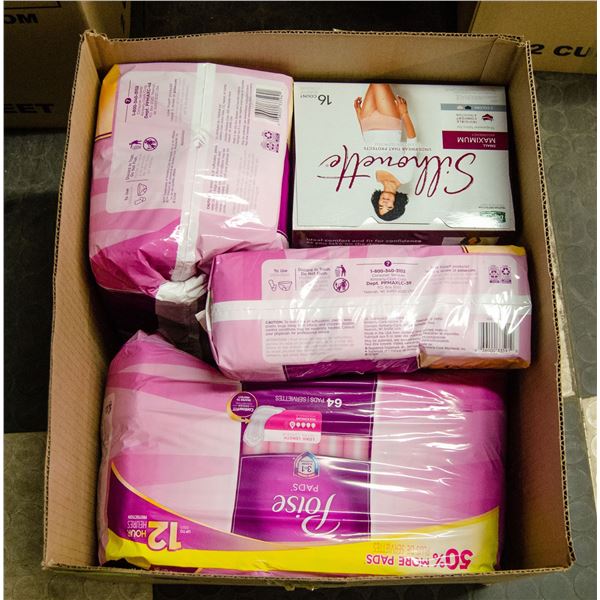 BOX LOT OF FEMININE HYGIENE PRODUCTS