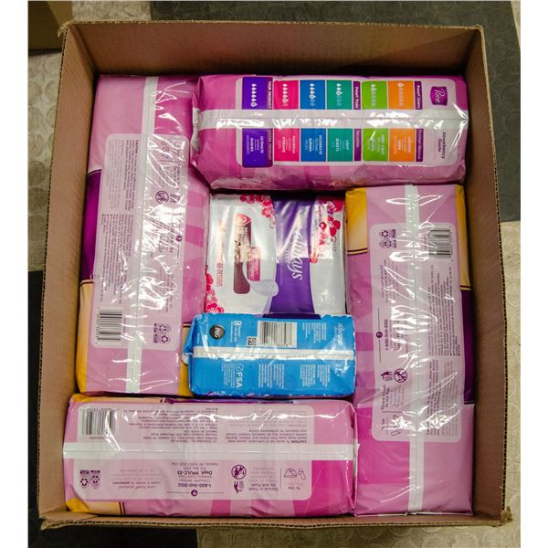 BOX LOT OF FEMININE HYGIENE PRODUCTS