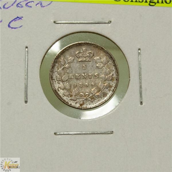 1899 CANADIAN QUEEN VICTORIA SILVER 5 CENT COIN