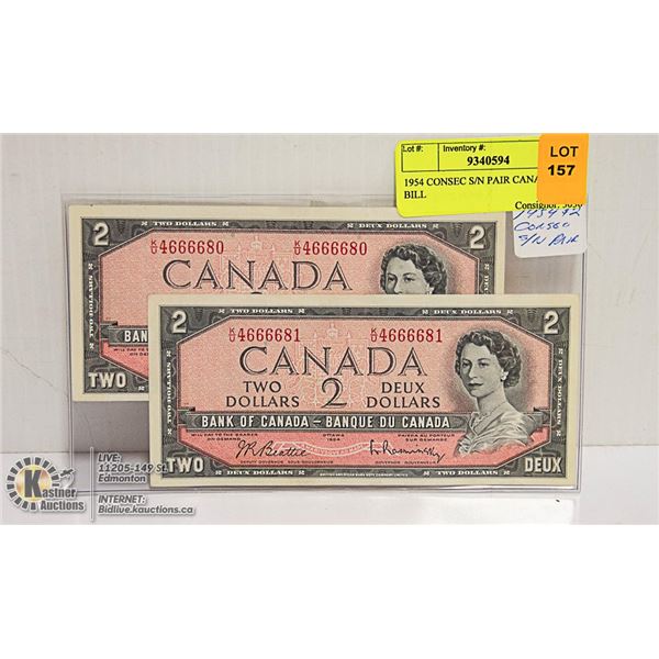 1954 CONSEC S/N PAIR CANADIAN $2 BILL