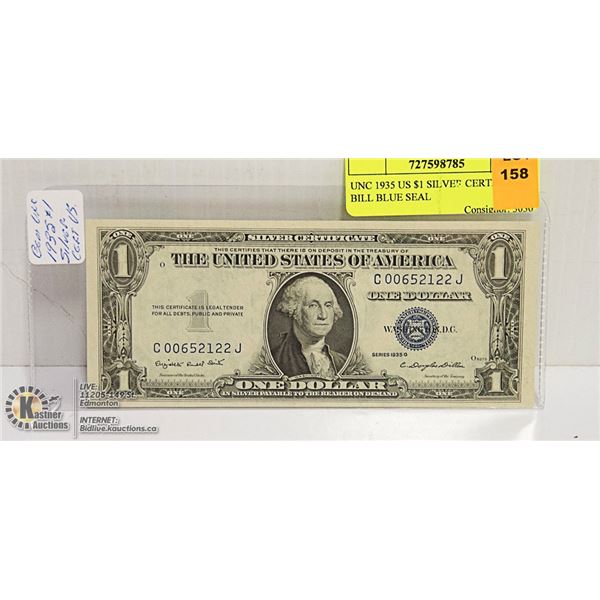 UNC 1935 US $1 SILVER CERTIFICATE BILL BLUE SEAL