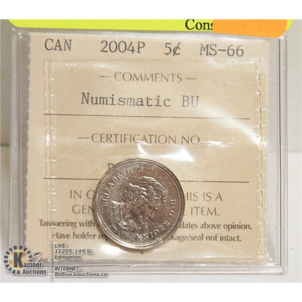 2004P CANADIAN QEII 5 CENT COIN ICCS MS66