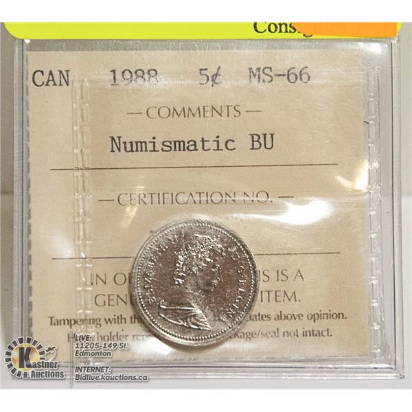 1988 CANADIAN QEII 5 CENT COIN ICCS MS66