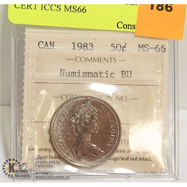 1983 CANADIAN QE II 50 CENT COIN CERT ICCS MS66