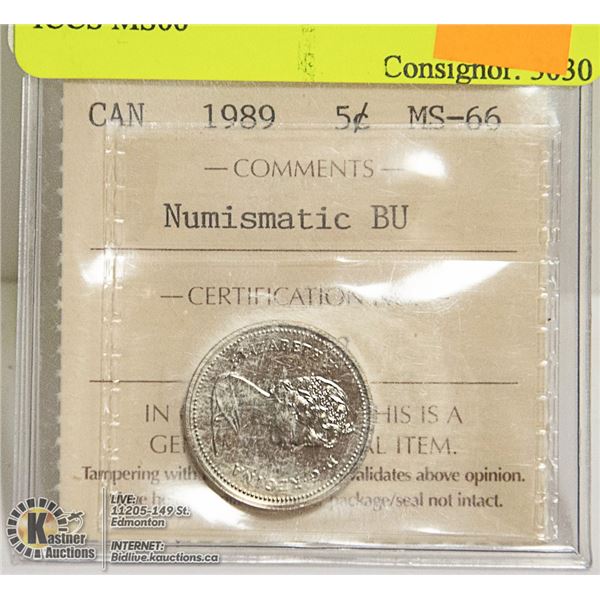 1989 CANADIAN QEII 5 CENT COIN ICCS MS66