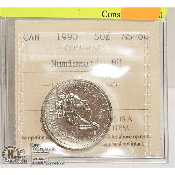 1990 CANADIAN QE II 50 CENT COIN CERT ICCS MS66