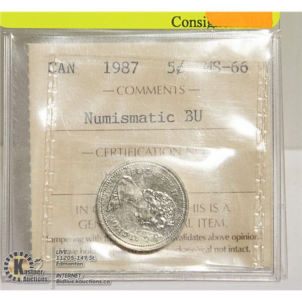 1987 CANADIAN QEII 5 CENT COIN ICCS MS66