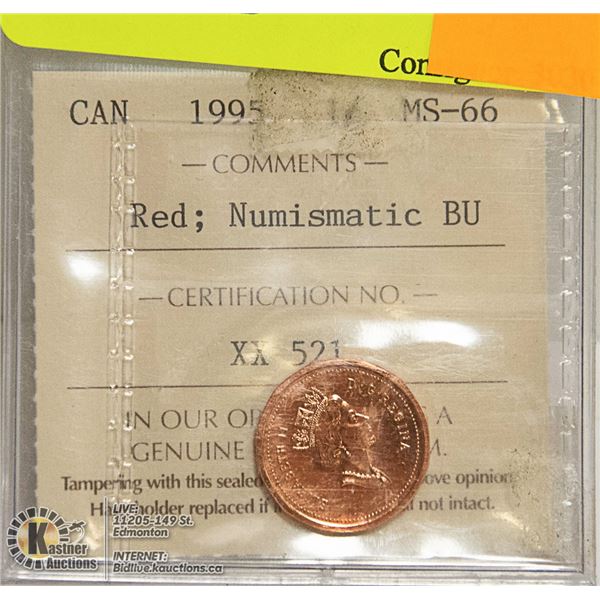 1995 CANADIAN 1 CENT COIN CERT ICCS MS 66 RED