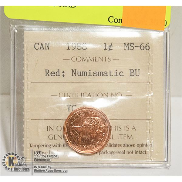 1988 CANADIAN 1 CENT COIN CERT ICCS MS 66 RED