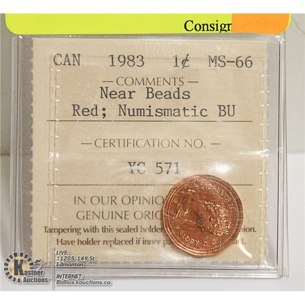 1983 NEAR BEADS CANADIAN 1 CENT COIN CERT ICCS