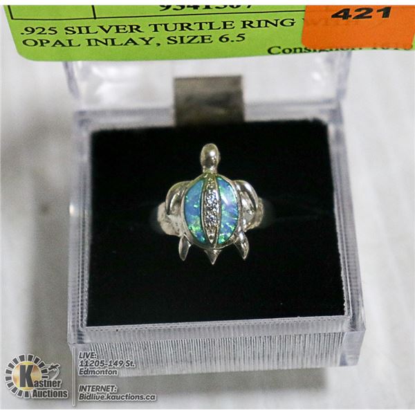 .925 SILVER TURTLE RING WITH OPAL INLAY, SIZE 6.5