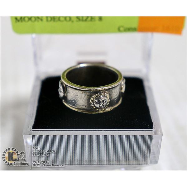 SILVER TONED RING WITH SUN AND MOON DECO, SIZE 8