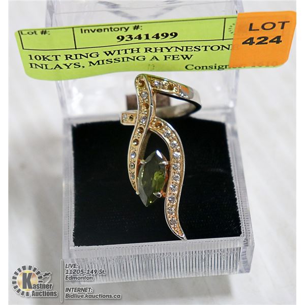 10KT RING WITH RHINESTONE INLAYS, MISSING A FEW