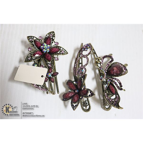 JEWELLED METAL FLORAL HAIR BARRETTES/CLIPS- SET