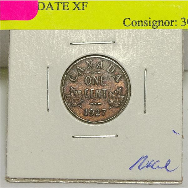 1927 CANADIAN GV 1 CENT COIN BETTER DATE XF