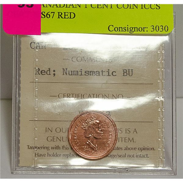 2002P CANADIAN 1 CENT COIN ICCS CERT MS67 RED