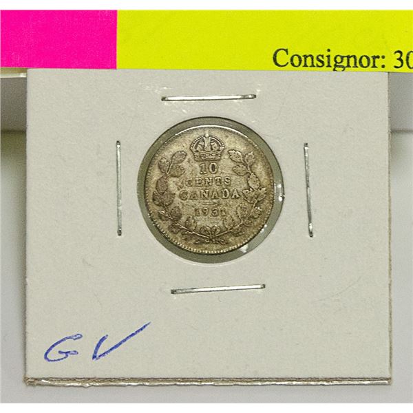 1931 CANADIAN GV SILVER 10 CENT COIN