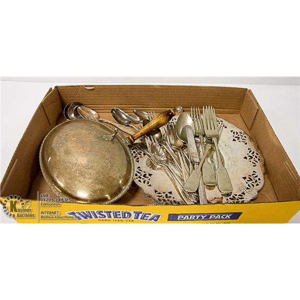 FLAT OF VINTAGE SILVER CUTLERY & CRUST PAN & PLATE