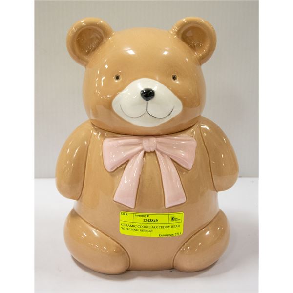 CERAMIC COOKIE JAR TEDDY BEAR WITH PINK RIBBON