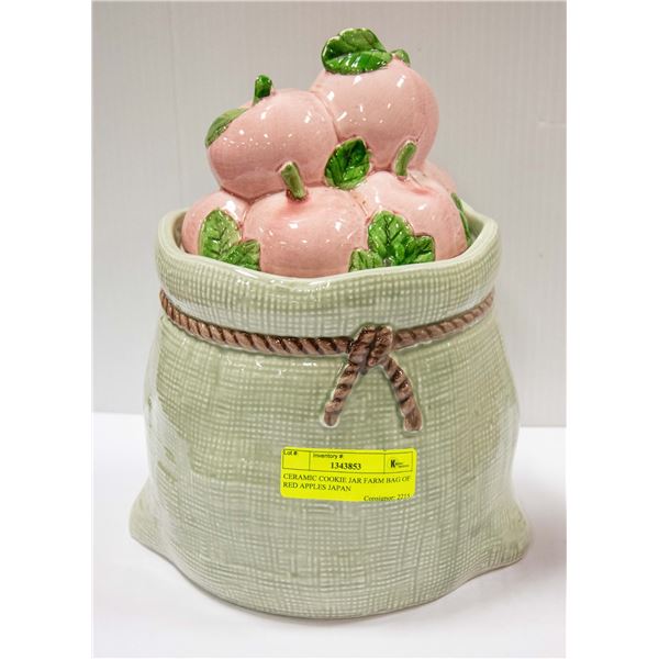 CERAMIC COOKIE JAR FARM BAG OF RED APPLES JAPAN