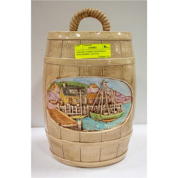 CERAMIC COOKIE JAR SIGNED WINE BARREL SPATON