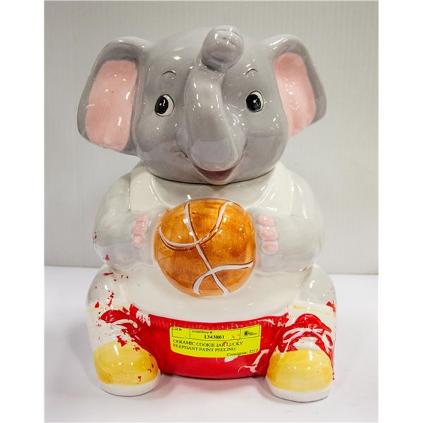 CERAMIC COOKIE JAR LUCKY ELEPHANT PAINT PEELING