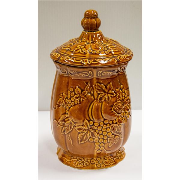 CERAMIC COOKIE JAR BROWN FRUIT BARREL JAPAN