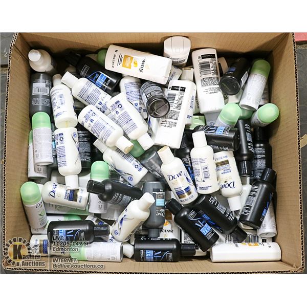 FLAT OF TRAVEL SIZE BOTTLES OF HAIR AND SKIN CARE