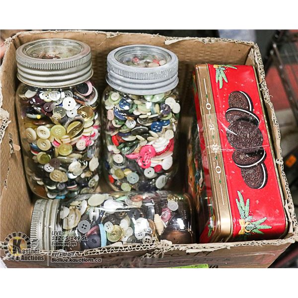 BUTTONS- LARGE LOT IN VINTAGE JARS AND TINS