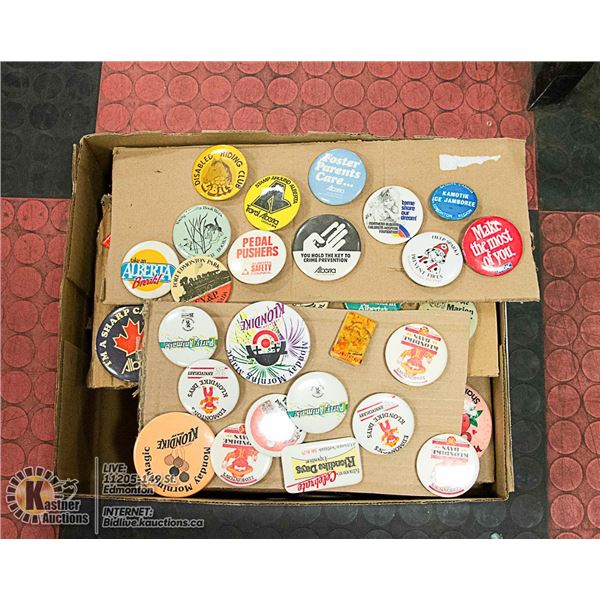 BOX  OF VINTAGE PINBACKS ASSORTED