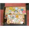 Image 1 : BOX  OF VINTAGE PINBACKS ASSORTED