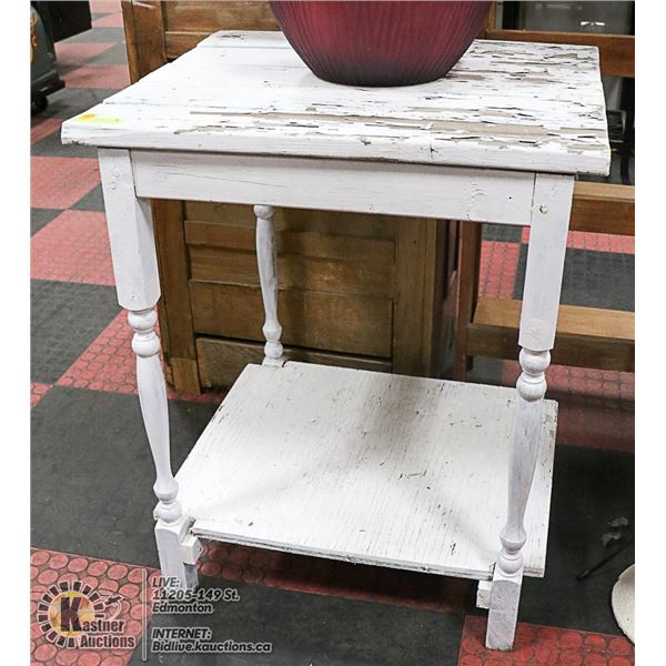 WHITE WOOD STAND AND A BLACK CHAIR