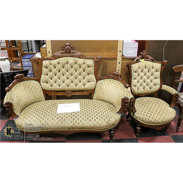 ANTIQUE LOVE SEAT + CHAIR. FRONT LEGS NEED REPAIR