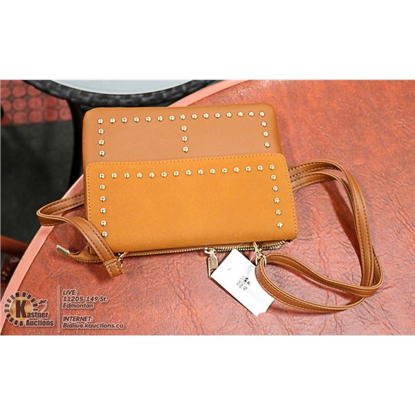NEW STUDDED BROWN CROSSBODY PURSE, COMES WITH